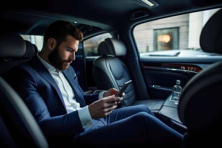 Executive passenger inside a black car interior
